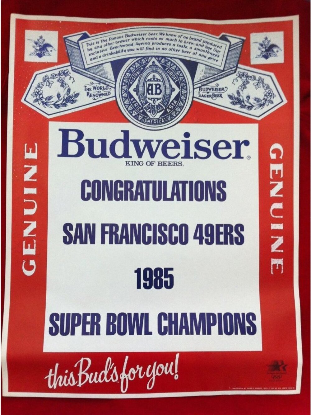 VTG San Francisco SF 49ers 1985 Super Bowl Champions Budweiser Poster Dead Stock